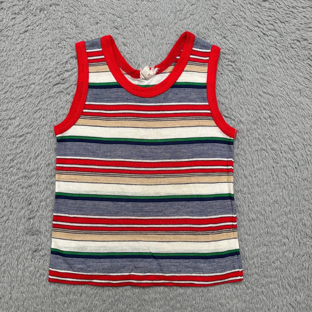 Vintage 80s Sears Toddler Tank Top 4T Red Blue Stripe Summer Beach